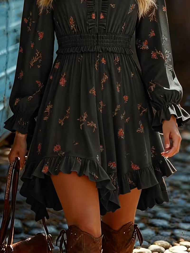 Vestido corto de manga larga con cuello en V y estampado floral