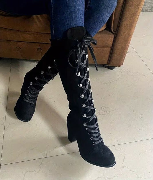 Botas Altas con Cordones y Tacón Grueso