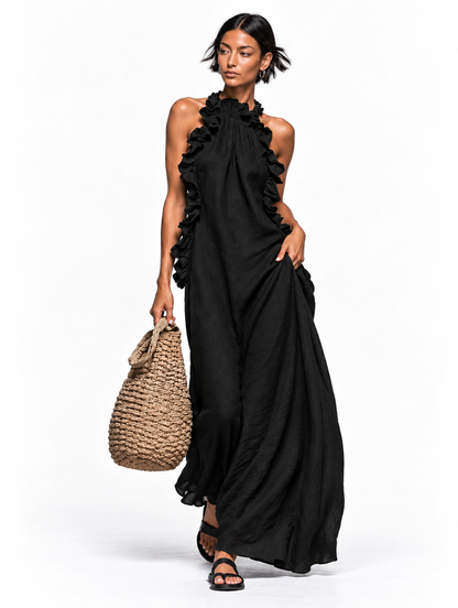 Vestido Largo Halter con Volantes