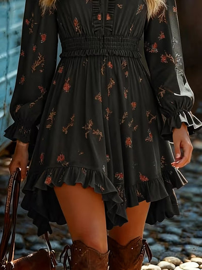 Vestido corto de manga larga con cuello en V y estampado floral