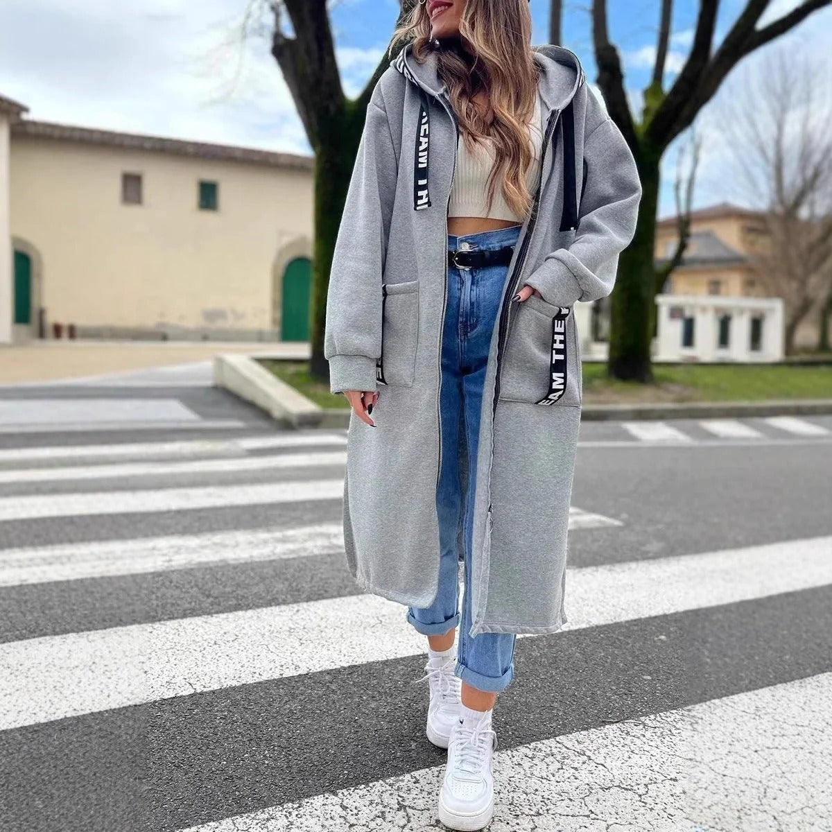 Sudadera Larga con Capucha y Cremallera