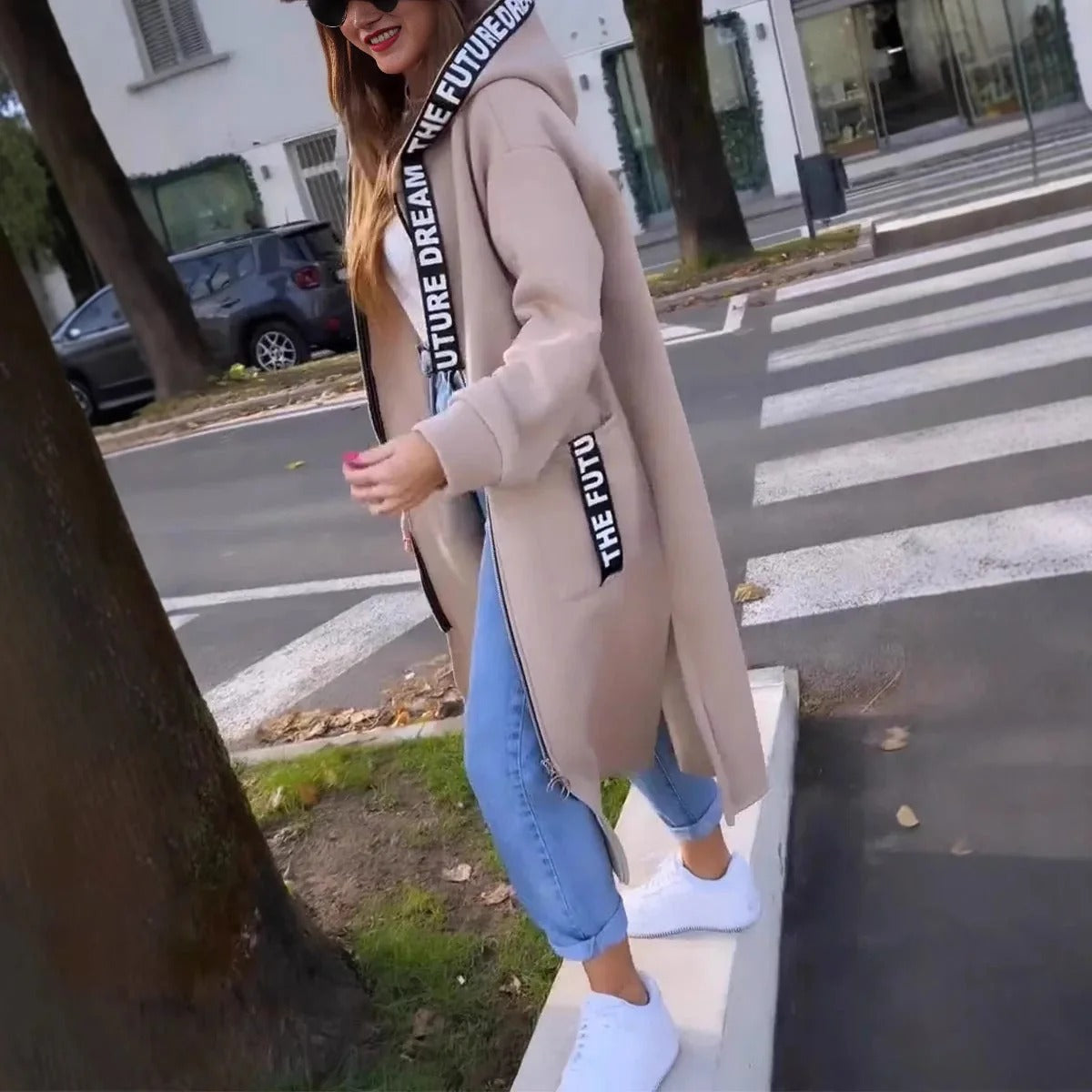 Sudadera Larga con Capucha y Cremallera