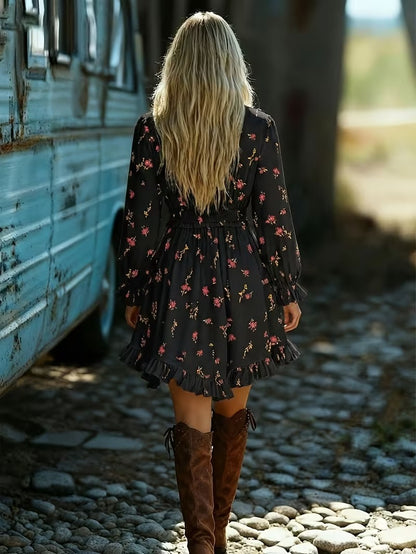 Vestido corto de manga larga con cuello en V y estampado floral
