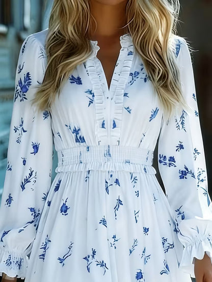 Vestido corto de manga larga con cuello en V y estampado floral