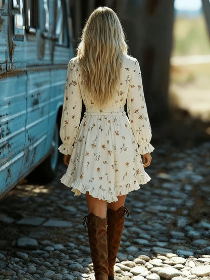 Vestido corto de manga larga con cuello en V y estampado floral