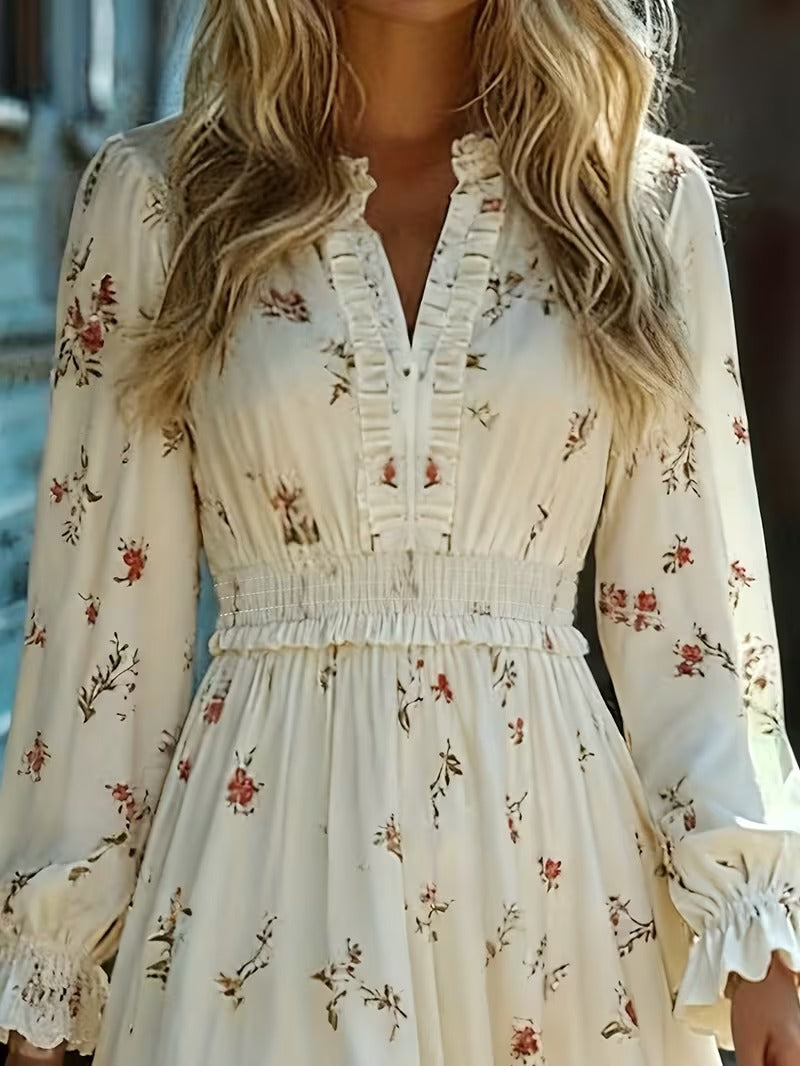 Vestido corto de manga larga con cuello en V y estampado floral