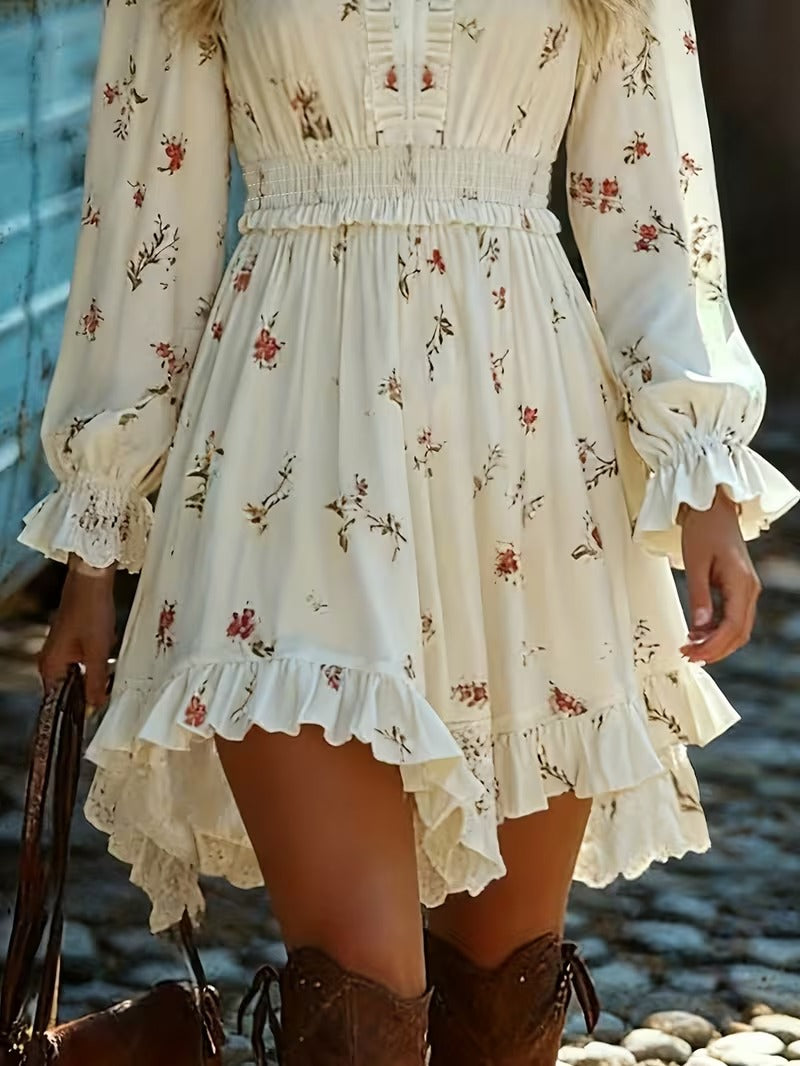 Vestido corto de manga larga con cuello en V y estampado floral
